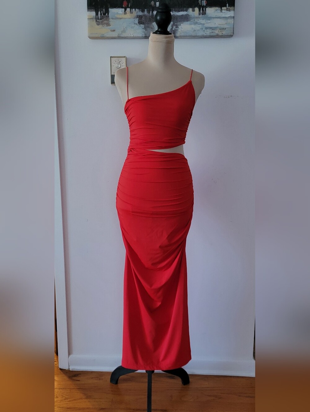 ZARA Red Orange Ruched Asymmetric Cutout Maxi Dress Medium